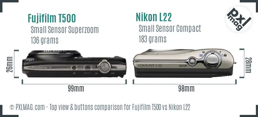 Fujifilm T500 vs Nikon L22 top view buttons comparison