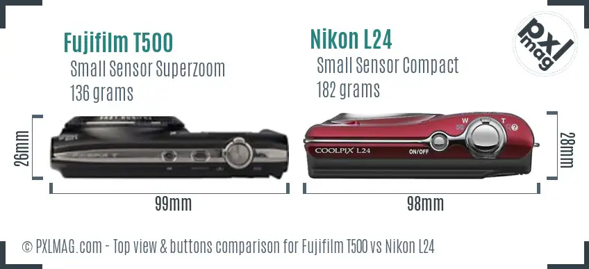 Fujifilm T500 vs Nikon L24 top view buttons comparison Fujifilm T500 vs Nikon L24 top view buttons comparison