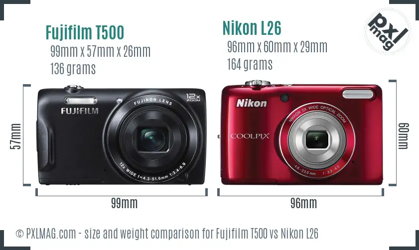 Fujifilm T500 vs Nikon L26 size comparison