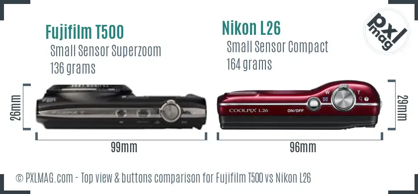 Fujifilm T500 vs Nikon L26 top view buttons comparison