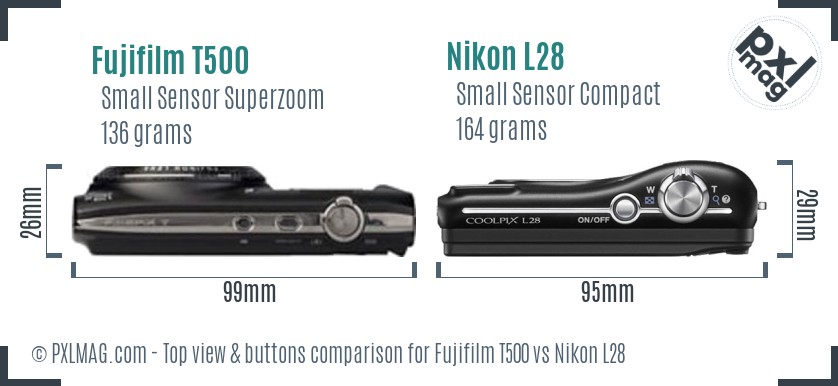 Fujifilm T500 vs Nikon L28 top view buttons comparison
