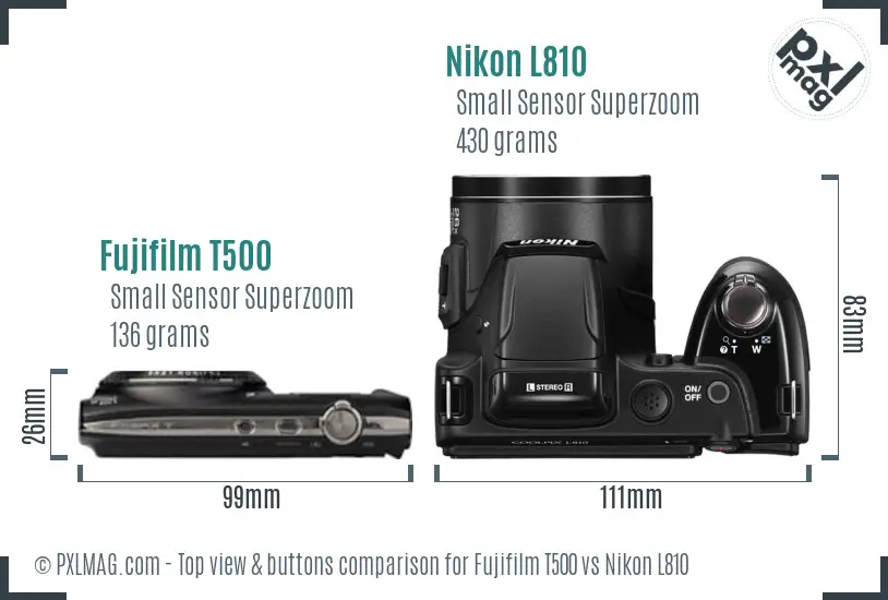 Fujifilm T500 vs Nikon L810 top view buttons comparison