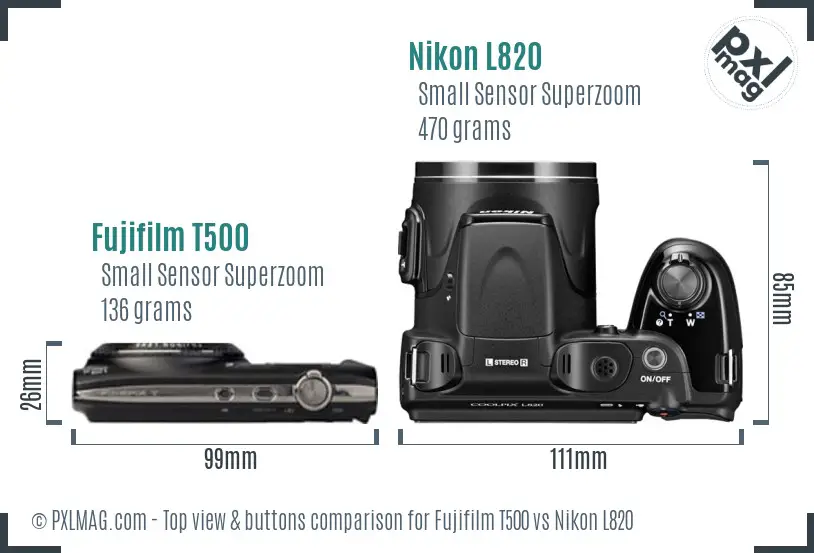 Fujifilm T500 vs Nikon L820 top view buttons comparison