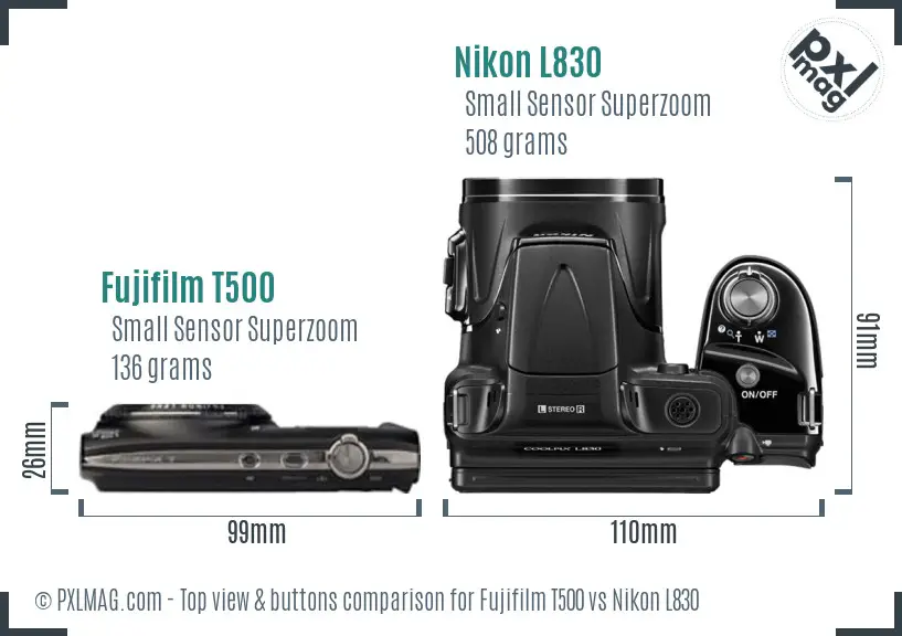 Fujifilm T500 vs Nikon L830 top view buttons comparison