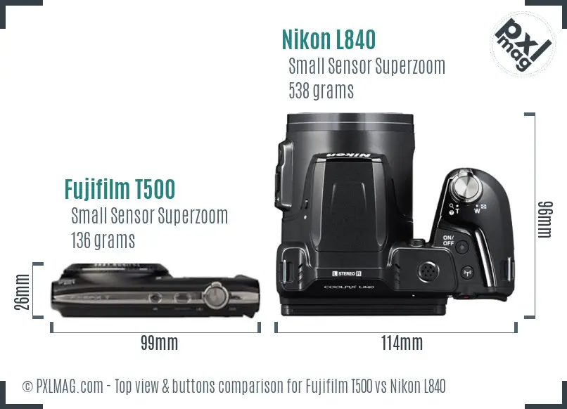 Fujifilm T500 vs Nikon L840 top view buttons comparison