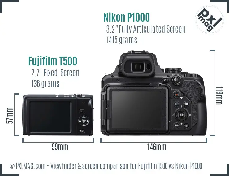 Fujifilm T500 vs Nikon P1000 Screen and Viewfinder comparison