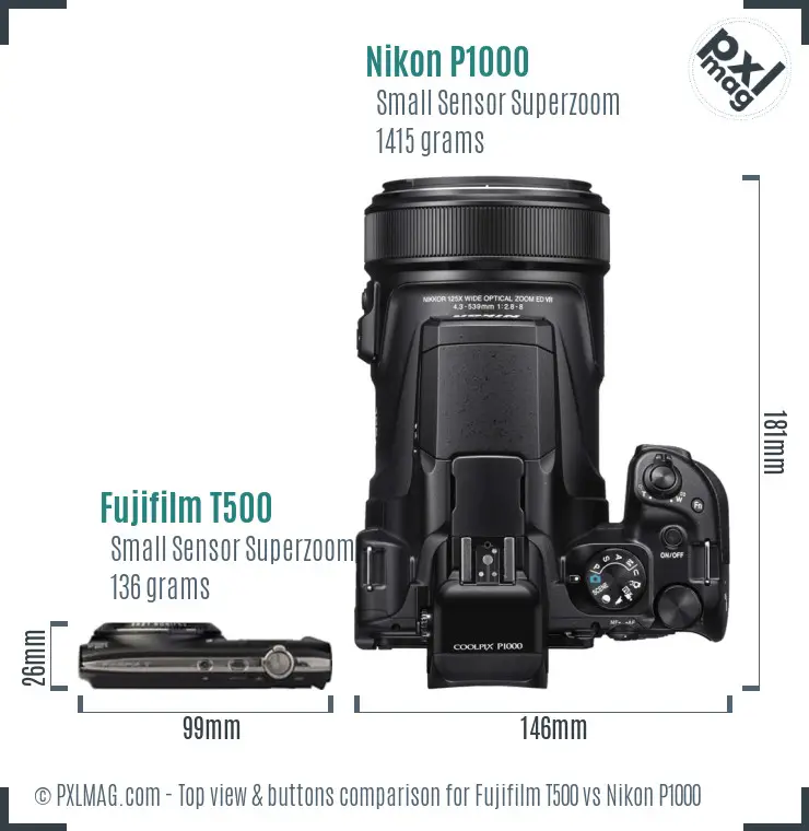 Fujifilm T500 vs Nikon P1000 top view buttons comparison