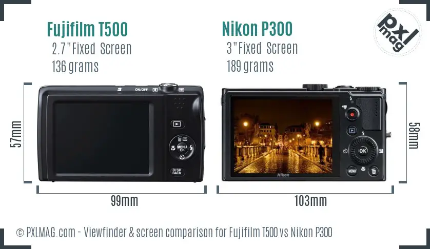 Fujifilm T500 vs Nikon P300 Screen and Viewfinder comparison