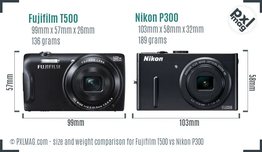 Fujifilm T500 vs Nikon P300 size comparison