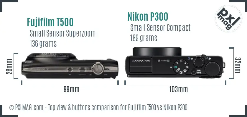 Fujifilm T500 vs Nikon P300 top view buttons comparison