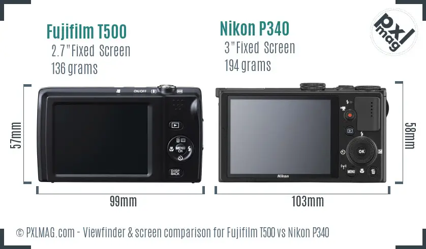 Fujifilm T500 vs Nikon P340 Screen and Viewfinder comparison