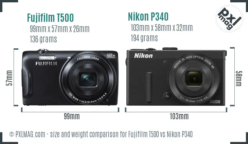 Fujifilm T500 vs Nikon P340 size comparison