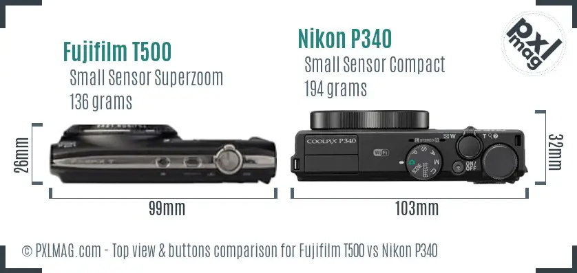 Fujifilm T500 vs Nikon P340 top view buttons comparison