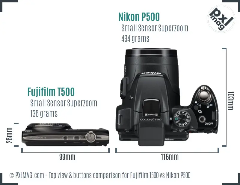 Fujifilm T500 vs Nikon P500 top view buttons comparison Fujifilm T500 vs Nikon P500 top view buttons comparison