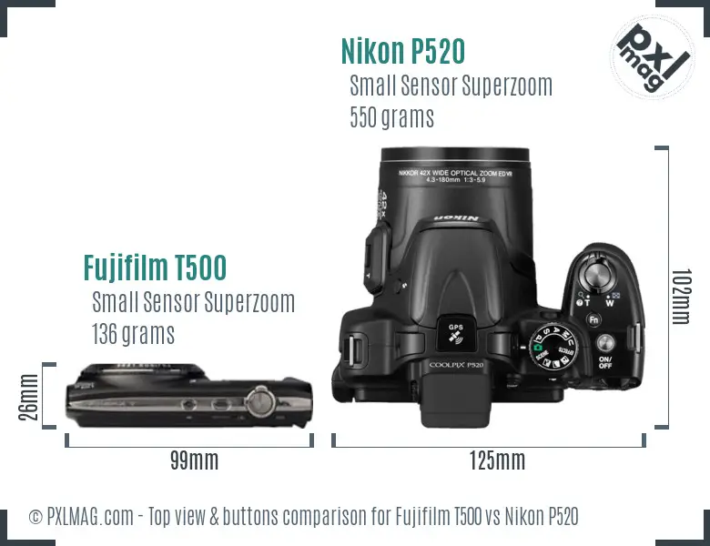 Fujifilm T500 vs Nikon P520 top view buttons comparison