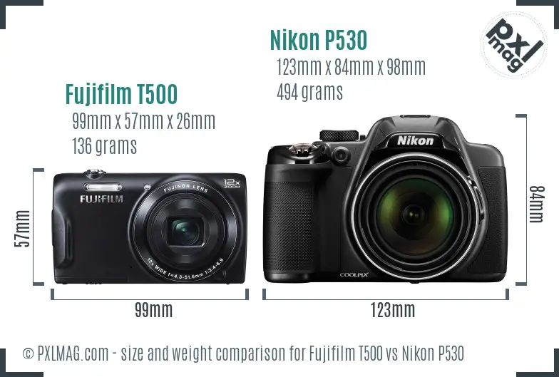 Fujifilm T500 vs Nikon P530 size comparison