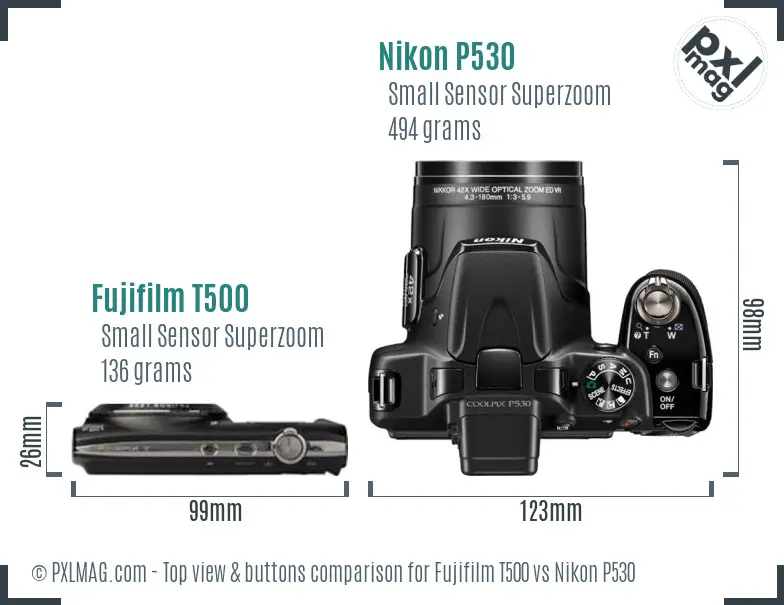 Fujifilm T500 vs Nikon P530 top view buttons comparison
