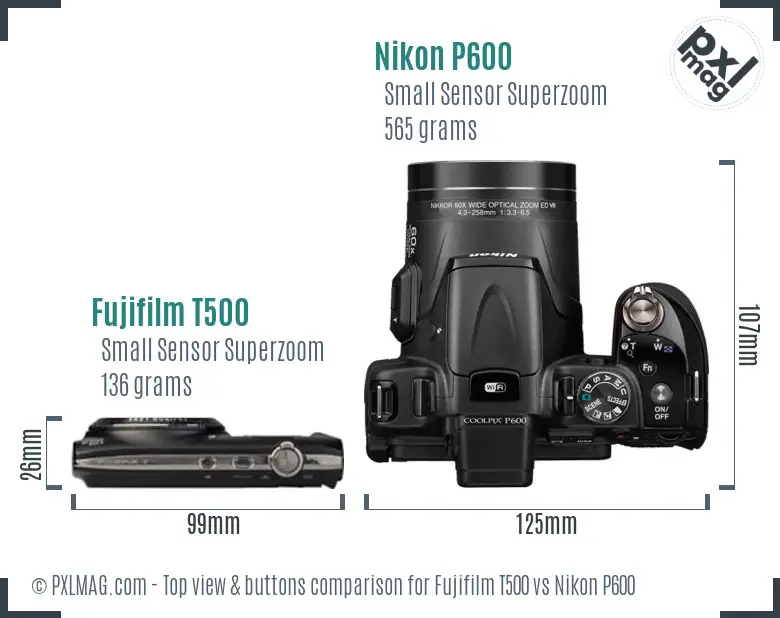 Fujifilm T500 vs Nikon P600 top view buttons comparison Fujifilm T500 vs Nikon P600 top view buttons comparison