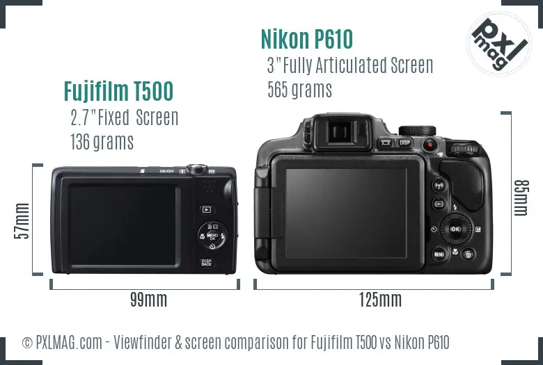 Fujifilm T500 vs Nikon P610 Screen and Viewfinder comparison