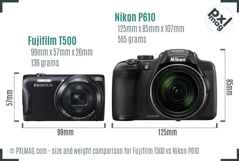 Fujifilm T500 vs Nikon P610 size comparison