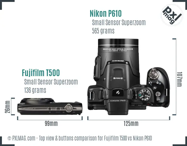 Fujifilm T500 vs Nikon P610 top view buttons comparison