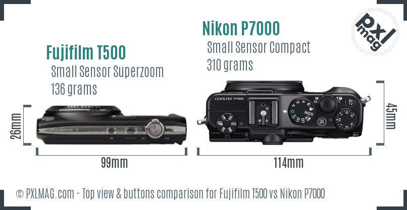 Fujifilm T500 vs Nikon P7000 top view buttons comparison