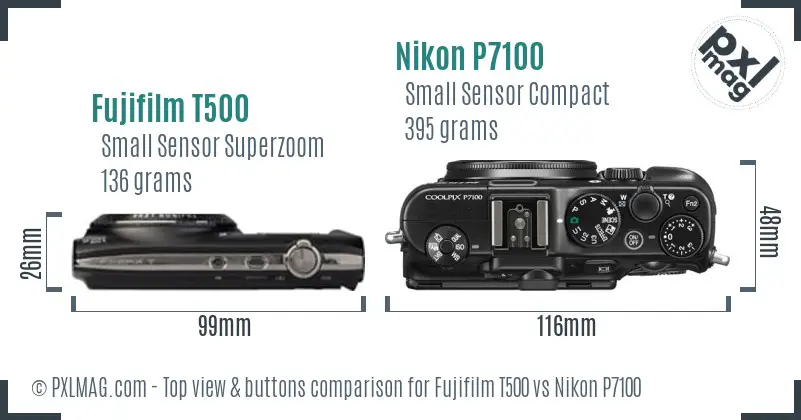 Fujifilm T500 vs Nikon P7100 top view buttons comparison