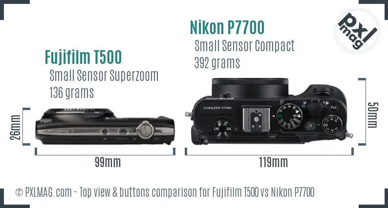 Fujifilm T500 vs Nikon P7700 top view buttons comparison