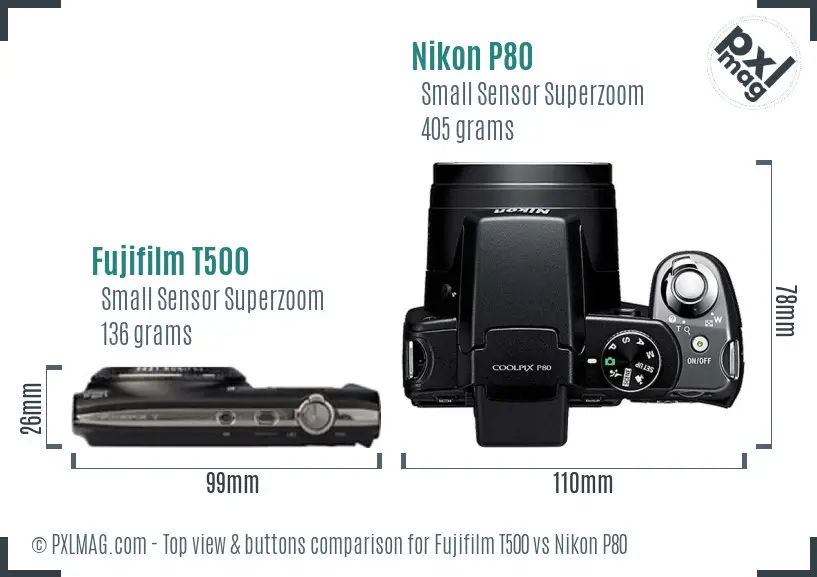 Fujifilm T500 vs Nikon P80 top view buttons comparison Fujifilm T500 vs Nikon P80 top view buttons comparison