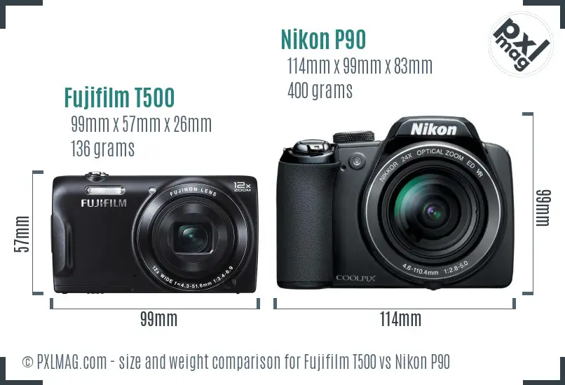 Fujifilm T500 vs Nikon P90 size comparison