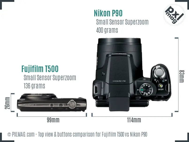 Fujifilm T500 vs Nikon P90 top view buttons comparison