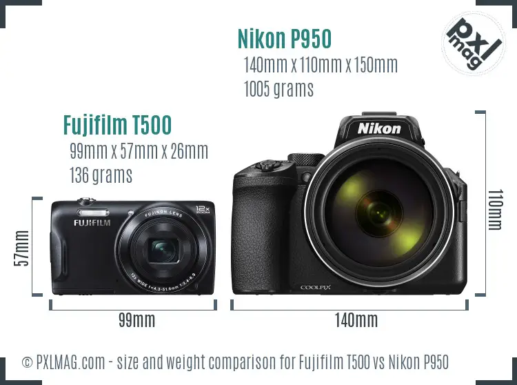 Fujifilm T500 vs Nikon P950 size comparison