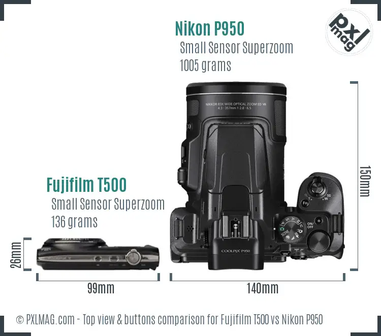 Fujifilm T500 vs Nikon P950 top view buttons comparison