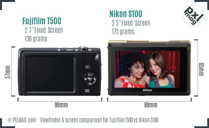 Fujifilm T500 vs Nikon S100 Screen and Viewfinder comparison