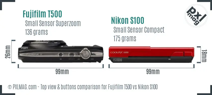 Fujifilm T500 vs Nikon S100 top view buttons comparison