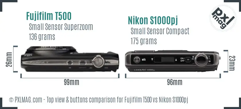 Fujifilm T500 vs Nikon S1000pj top view buttons comparison Fujifilm T500 vs Nikon S1000pj top view buttons comparison