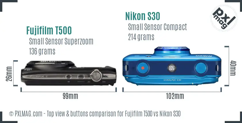 Fujifilm T500 vs Nikon S30 top view buttons comparison Fujifilm T500 vs Nikon S30 top view buttons comparison