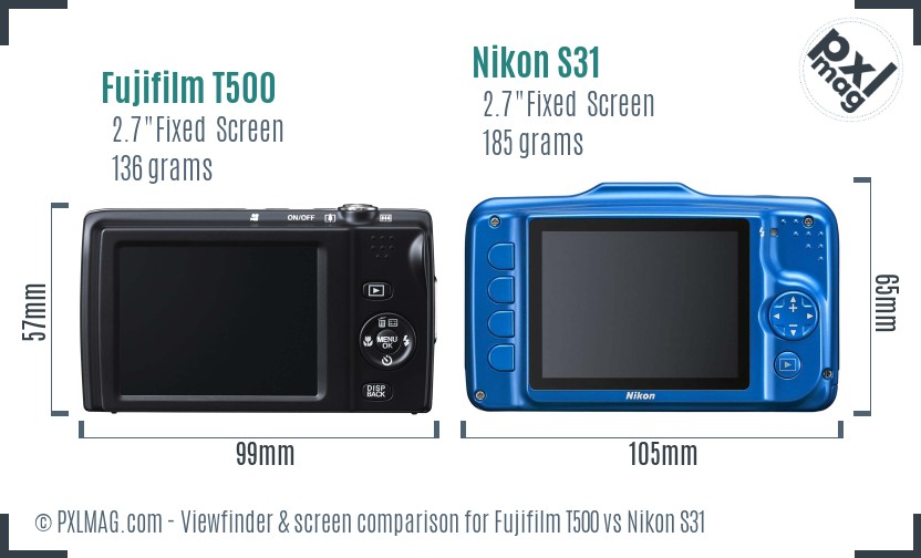 Fujifilm T500 vs Nikon S31 Screen and Viewfinder comparison