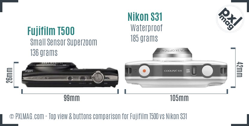 Fujifilm T500 vs Nikon S31 top view buttons comparison
