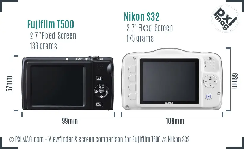 Fujifilm T500 vs Nikon S32 Screen and Viewfinder comparison