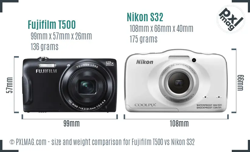 Fujifilm T500 vs Nikon S32 size comparison