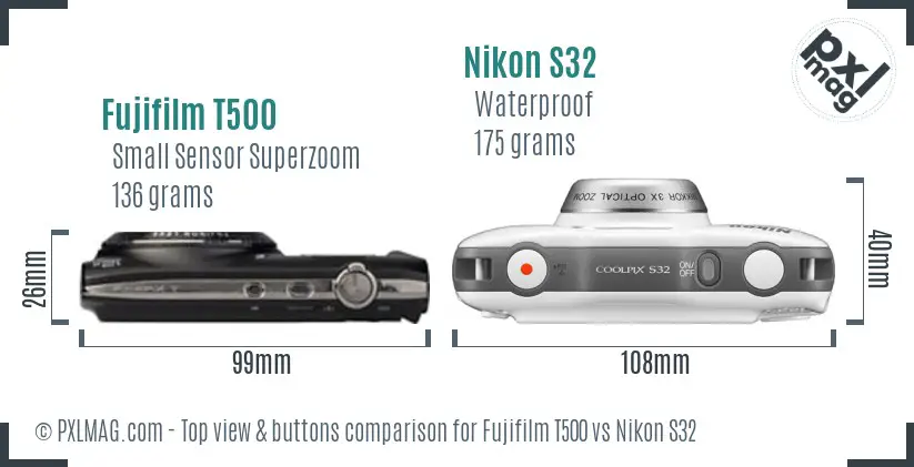 Fujifilm T500 vs Nikon S32 top view buttons comparison