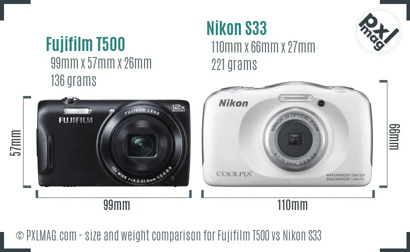 Fujifilm T500 vs Nikon S33 size comparison
