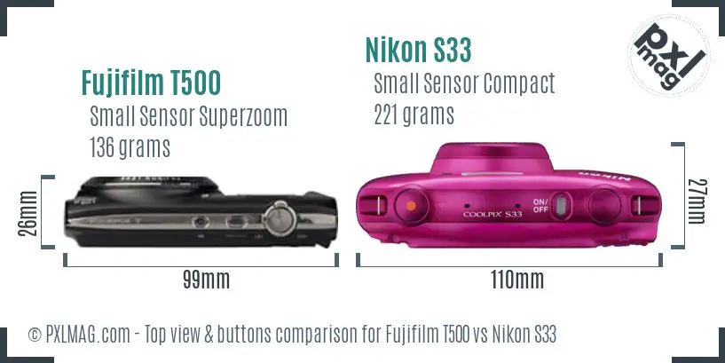 Fujifilm T500 vs Nikon S33 top view buttons comparison