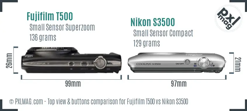 Fujifilm T500 vs Nikon S3500 top view buttons comparison Fujifilm T500 vs Nikon S3500 top view buttons comparison