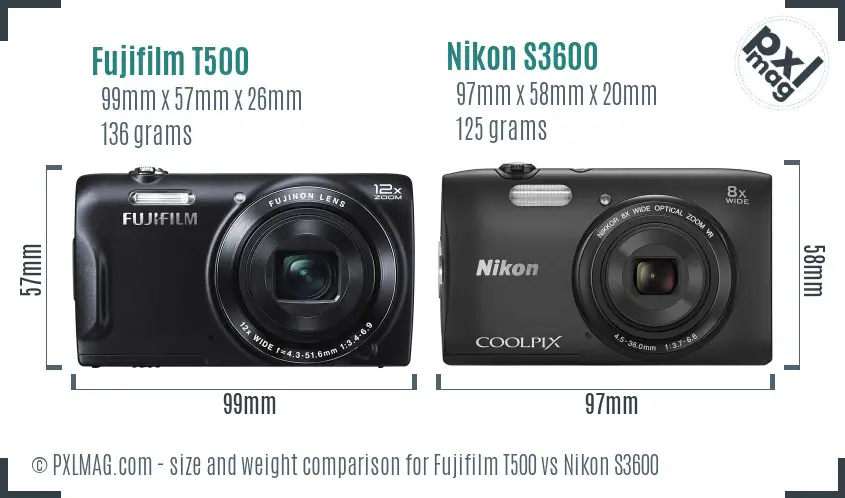 Fujifilm T500 vs Nikon S3600 size comparison