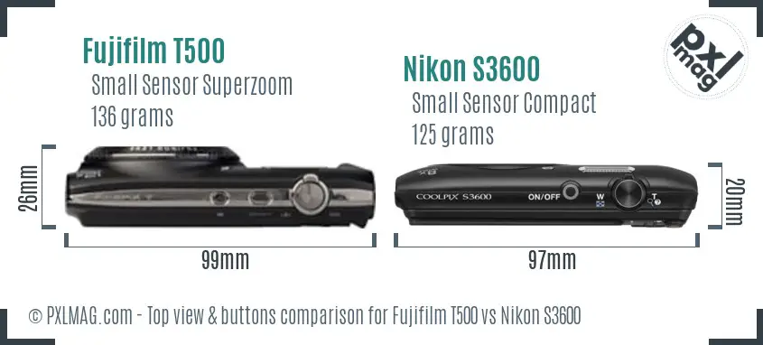 Fujifilm T500 vs Nikon S3600 top view buttons comparison