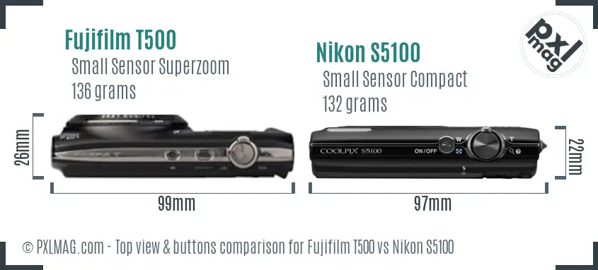 Fujifilm T500 vs Nikon S5100 top view buttons comparison
