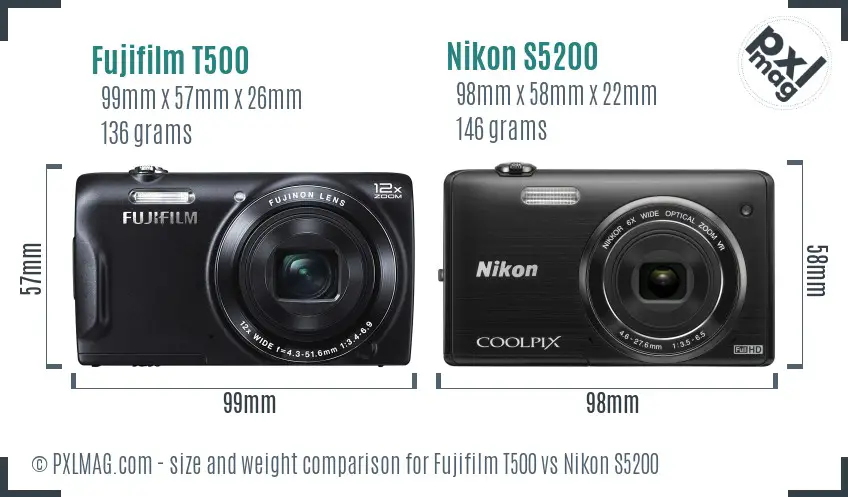 Fujifilm T500 vs Nikon S5200 size comparison