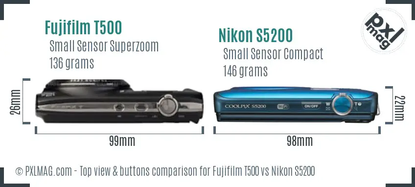 Fujifilm T500 vs Nikon S5200 top view buttons comparison